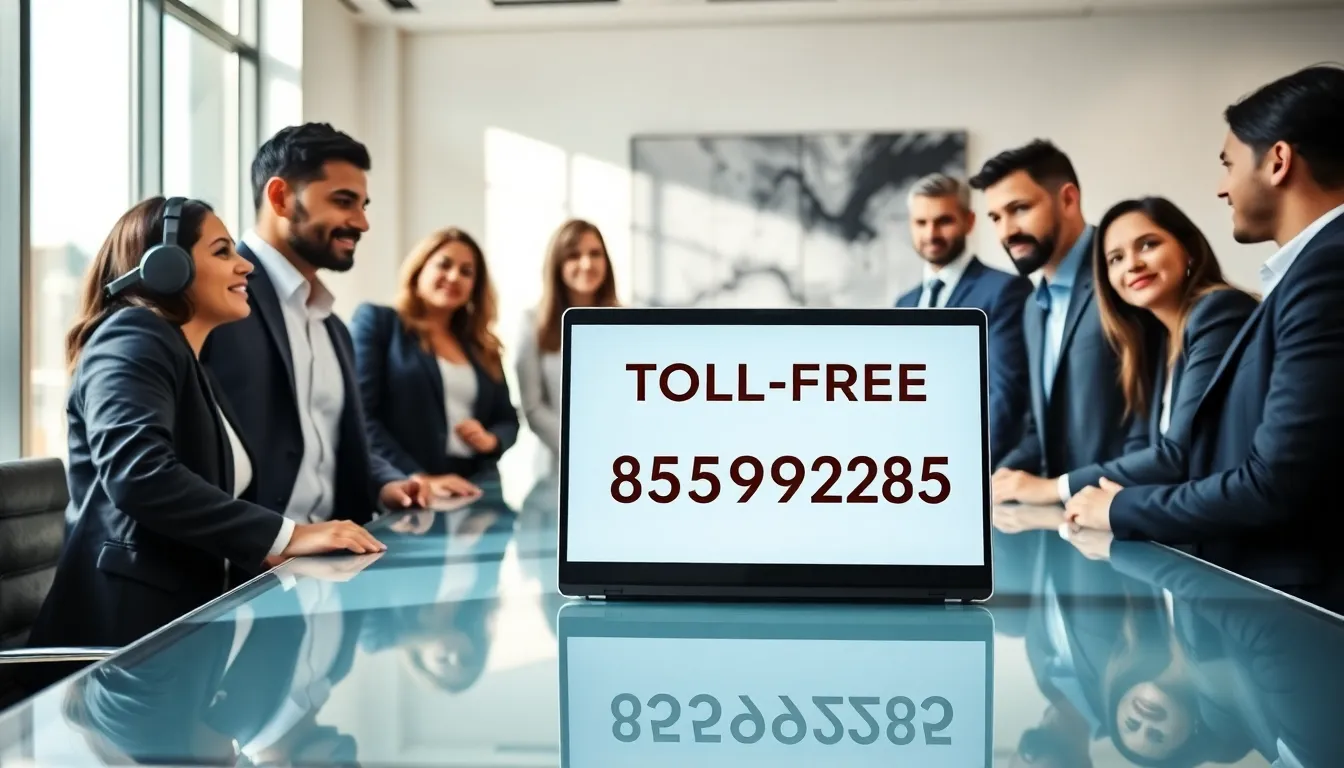 business professionals discussing a toll-free number in a modern office.