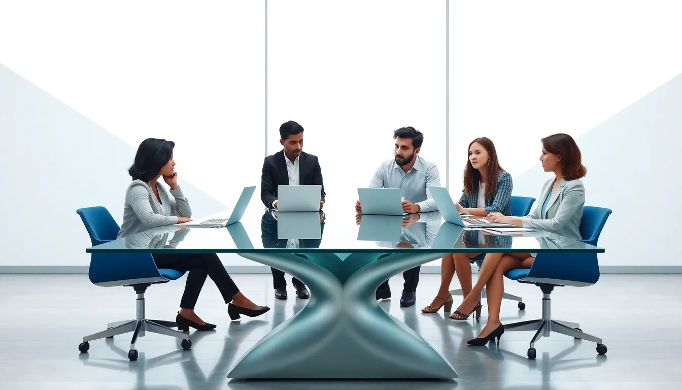 diverse professionals discussing around a modern conference table.